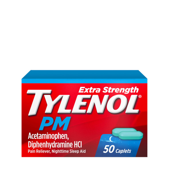 Tylenol PM Extra Strength Nighttime Pain Reliever & Sleep Aid Caplets, 500 mg Acetaminophen & 25 mg Diphenhydramine HCl, Relief for Nighttime Aches & Pains, Non-Habit Forming, 50 ct