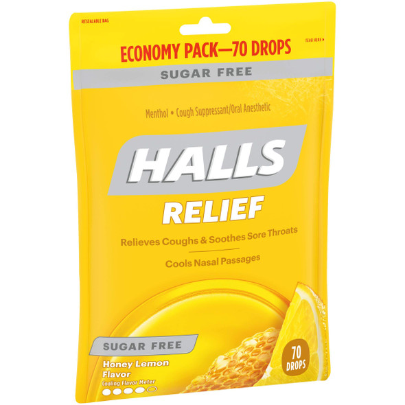 Halls, Relief Honey Lemon Sugar Free Cough Drops 70 Drops