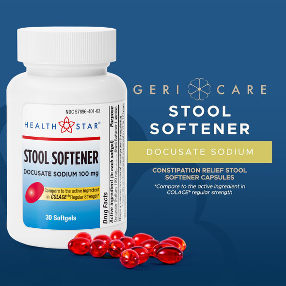 GeriCare Docusate Sodium Stool Softener - 100mg Gentle Stimulant Laxative Softgels for Men & Women- Constipation Relief - Adults Daily Bowel Movement Laxative, 30 Count
