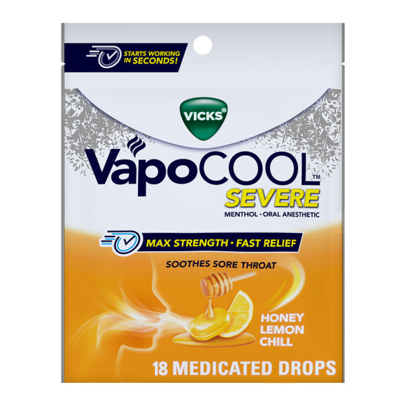 Vicks VapoCOOL Severe Medicated Sore Throat Drops, Fast-Acting Max Strength Relief, Soothes Sore Throat Pain Caused by Cough, Powerful Vapors, Menthol, Honey Lemon Chill Flavor, 45ct
