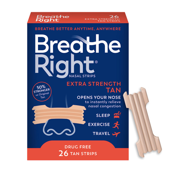 Breathe Right Nasal Strips Extra Strength Tan Nasal Strips Help Stop Snoring Drug-Free Snoring Solution & Instant Nasal Congestion Relief Caused by Colds & Allergies 26ct