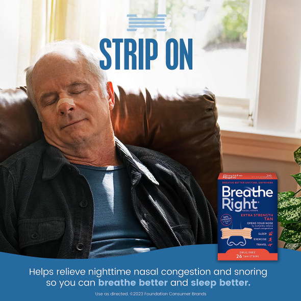 Breathe Right Nasal Strips Extra Strength Tan Nasal Strips Help Stop Snoring Drug-Free Snoring Solution & Instant Nasal Congestion Relief Caused by Colds & Allergies 26ct
