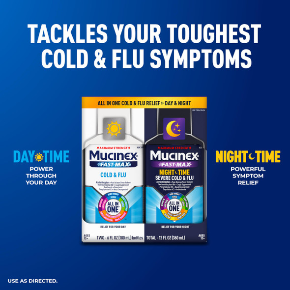 Mucinex Fast-Max Cold and Flu & Nightshift Medicine for Adults, Over-The-Counter Medication Combo Pack for Sore Throat Relief, Decongestant, Cough & Cold Medicine (2 x 6 Fl Oz)