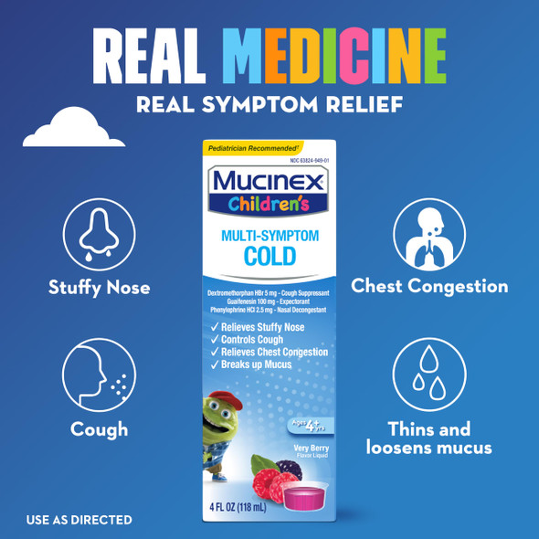 Mucinex Children's Multi-Symptom Cold Relief Liquid- Relieves Stuffy Nose, Chest Congestion, Cough & Mucus, Expectorant & Cough Suppressant with Dextromethorphan, Guaifenesin, Phenylephrine, 4 oz.
