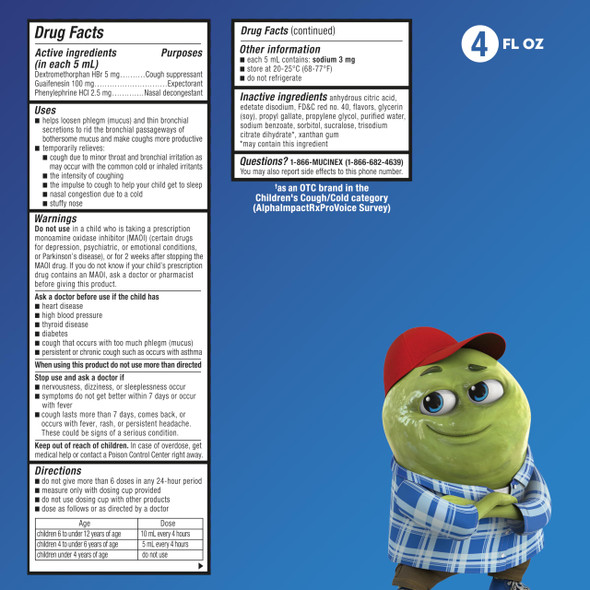 Mucinex Children's Multi-Symptom Cold Relief Liquid- Relieves Stuffy Nose, Chest Congestion, Cough & Mucus, Expectorant & Cough Suppressant with Dextromethorphan, Guaifenesin, Phenylephrine, 4 oz.