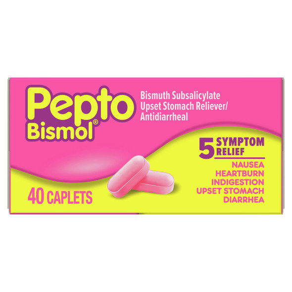 Pepto Bismol Caplets, Upset Stomach Relief, Nausea Relief, Heartburn Relief, Indigestion Relief, Anti Diarrhea Medication for Adults - 5 Symptom Relief, 40 ct