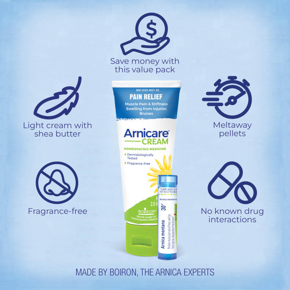 Boiron Arnicare Cream and Arnica 30c Value Pack for Pain Relief, Muscle Soreness, and Swelling from Buising or Injury - 2.5 oz + 80 Pellet Tube