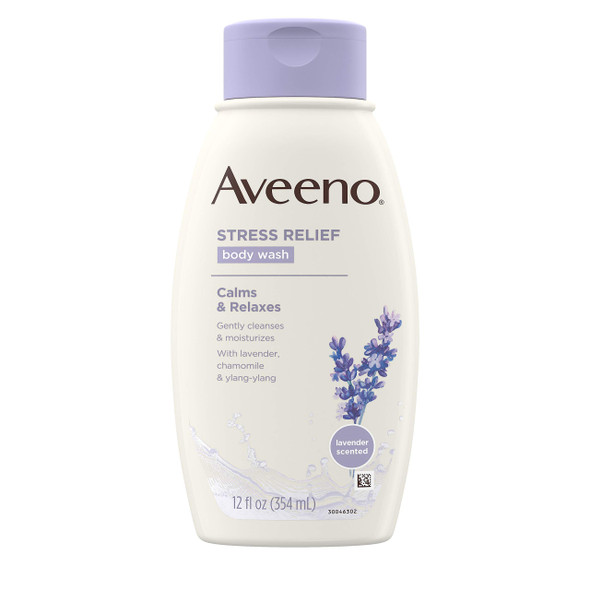 Aveeno Stress Relief Body Wash with Soothing Oat, Lavender, Chamomile & Ylang-Ylang Essential Oils, Dye- & Soap-Free Calming Body Wash for Shower Gentle on Sensitive Skin, 12 fl. oz