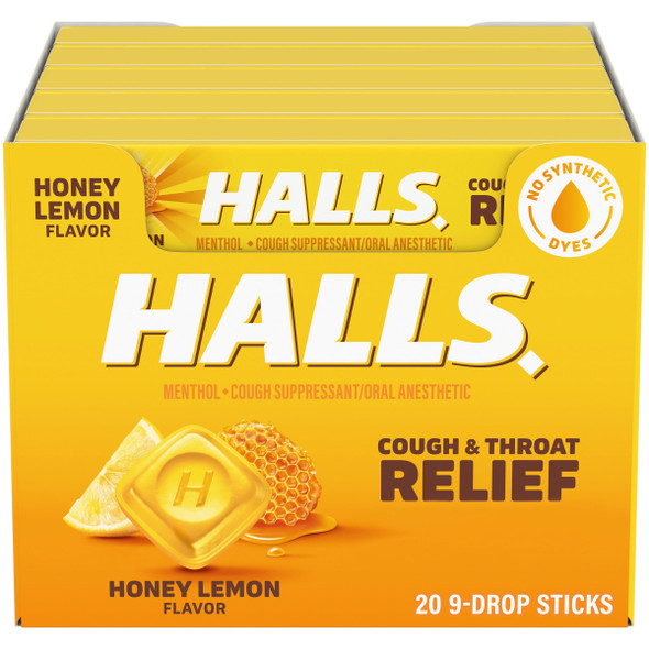HALLS Relief Honey Lemon Cough Drops, 20 Packs of 9 Drops (180 Total Drops)
