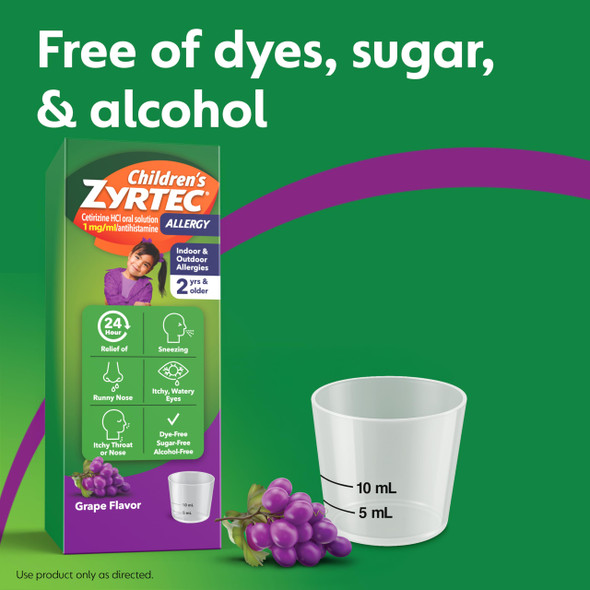 Zyrtec Childrens 24-Hour Allergy Relief Syrup, 5 mg Cetirizine Hydrochloride Antihistamine, Kids Allergy Medicine for Indoor/Outdoor Allergies & Hay Fever, Dye-, Alcohol- & Sugar-Free, Grape, 8 fl oz