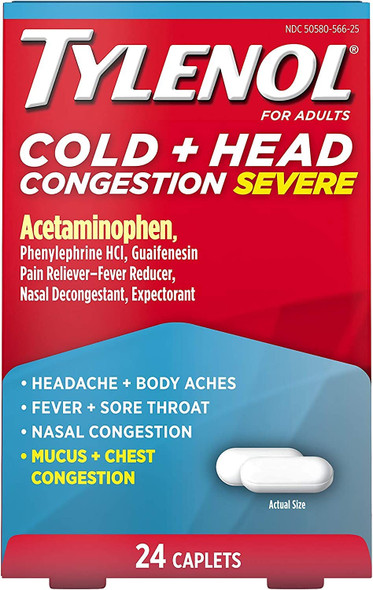Tylenol Cold + Head Congestion Severe Medicine Caplets for Fever, Pain & Congestion Relief, 24 ct.