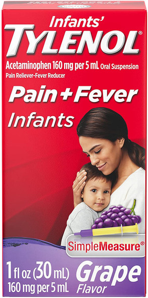 Infants' Tylenol Oral Suspension Liquid Medicine with Acetaminophen, Baby Fever Reducer & Pain Reliever for Minor Aches & Pains, Sore Throat, Headache & Toothache, Grape Flavor, 1 fl. oz