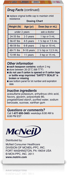 Motrin Children's Oral Suspension 100mg Ibuprofen Medicine, NSAID Fever Reducer & Pain Reliever for Minor Aches & Pains Due to Cold & Flu, Dye Free, Alcohol-Free, Berry Flavored, 4 fl. Oz