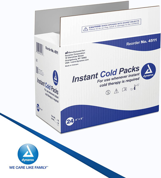 Dynarex Disposable Ice Packs for Injuries - Instant Cold Packs, First Aid, Swelling, Sprains & Pain, Single Use Cold Compress Packs, 4" x 5", 24-Pack