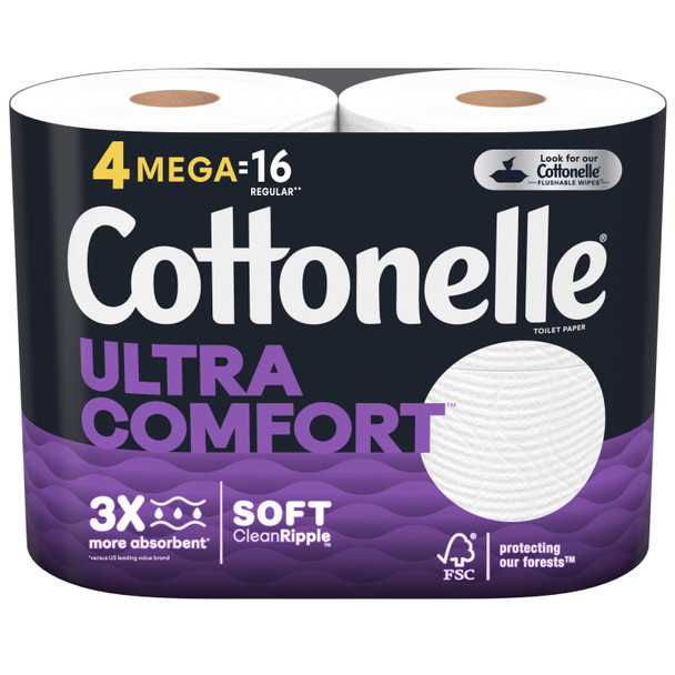 Cottonelle Ultra Comfort Toilet Paper, Strong Toilet Tissue, 4 Mega Rolls (4 Mega Rolls = 16 Regular Rolls), 268 Sheets per Roll