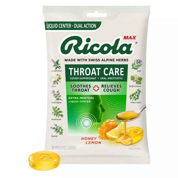 Ricola Max Throat Care Cough Drops, Honey Lemon Flavor, 34 count