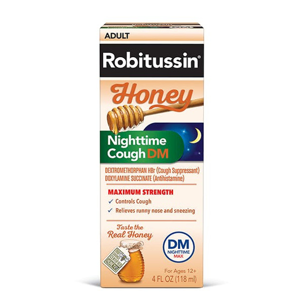 Robitussin Adult Honey Cough + Chest Congestion DM Nighttime Liquid, Honey Flavor, 4 oz