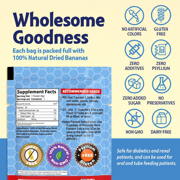 Nutritional Designs Nana Flakes Anti-Diarrheal Banana Powder, IBS Relief & Heart Burn Remedy, 100% Pure Banana Flakes Medical Food - Prebiotic - Natural - High Protein & Fiber (100 Single-Serve Packs)