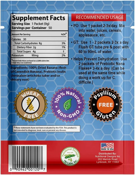 Nutritional Designs Nana Flakes Anti-Diarrheal Banana Powder, IBS Relief & Heart Burn Remedy, 100% Pure Banana Flakes Medical Food - Prebiotic - Natural - High Protein & Fiber (100 Single-Serve Packs)