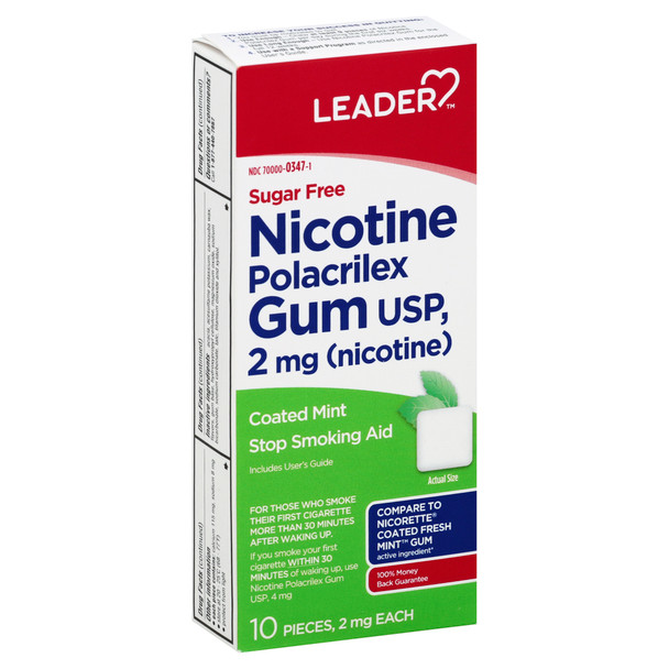 Leader Nicotine Gum Sugar Free Coated Mint 2 mg, 10 Count