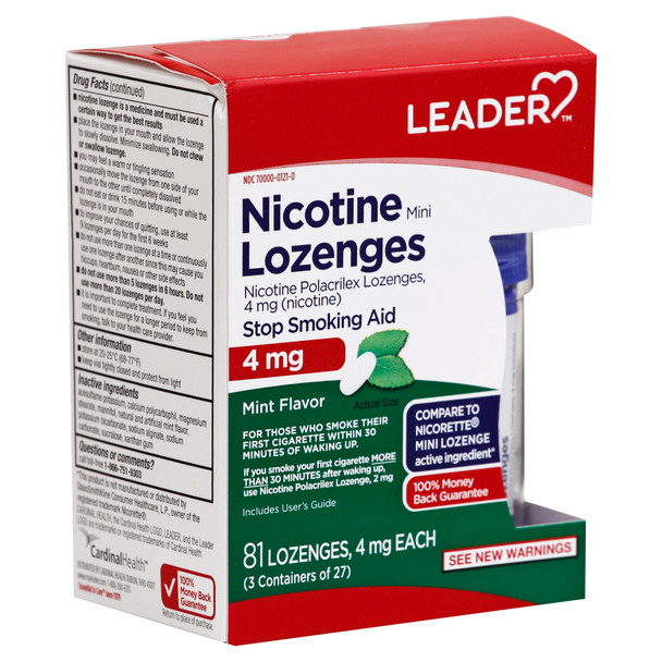 Leader Mini Nicotine Lozenges Polacrilex Stop Smoking Aid Mint Flavor 4mg, 27 Count Case of 3