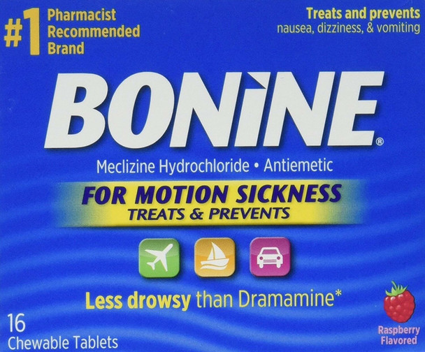 Bonine Non-Drowsy Meclizine HCI 25mg Chewable Tablets, Raspberry, 16 Count