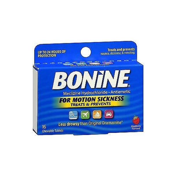 Bonine Non-Drowsy Meclizine HCI 25mg Chewable Tablets, Raspberry, 16 Count