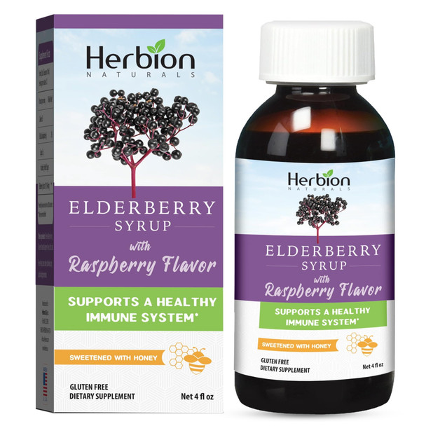 HERBION Naturals Elderberry Syrup  Healthy Immune System for Adults and Children (1 Year+) - Honey Sweetened with Natural Raspberry Flavor - No Artificial Ingredients