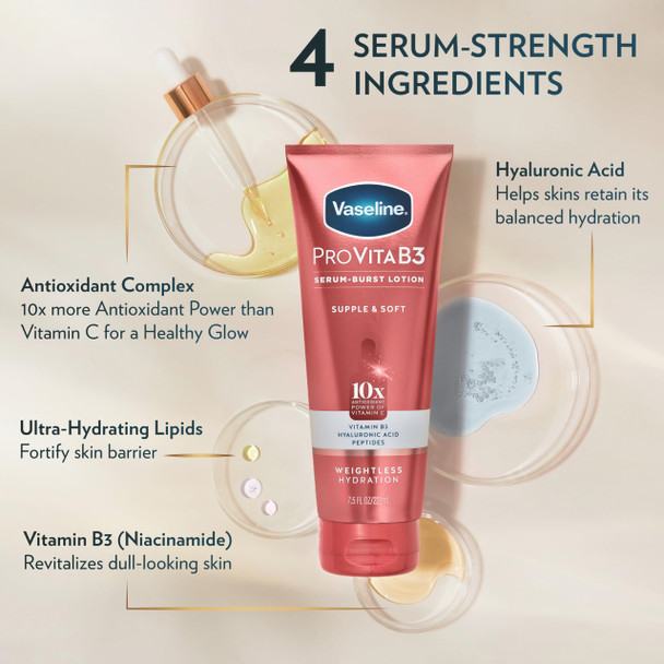Vaseline Pro VitaB3 Serum Burst Lotion Supple & Soft Healthy, Hydrated Skin, Lightweight 10x Antioxidant Power of Vitamin C with Vitamin B3, Hyaluronic Acid & Peptides, 7.5 fl oz
