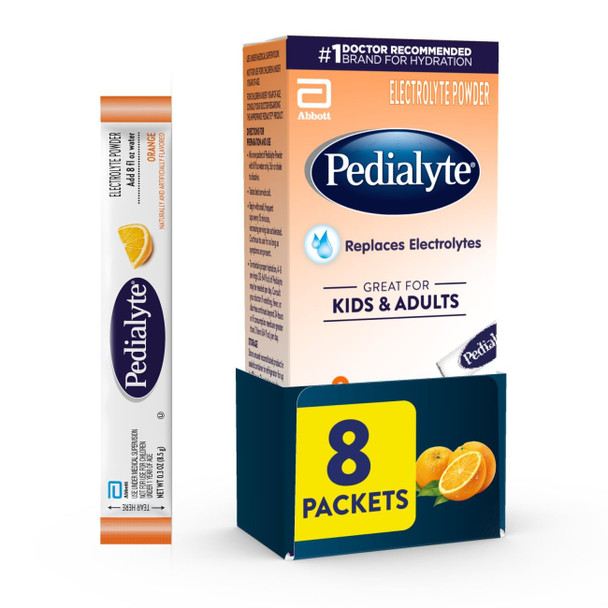 Pedialyte Electrolyte Powder, Hydration Drink for Kids & Adults, Orange, 8 Powder Packets
