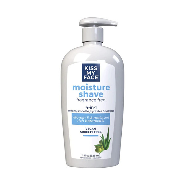 Kiss My Face Fragrance Free Moisture Shave, 4 In 1 Shaving Cream, Cruelty Free And Vegan, With Added Olive Oil And Aloe Leaf Extract, Vitamin E Rich, 11 fl Oz Pump Bottle