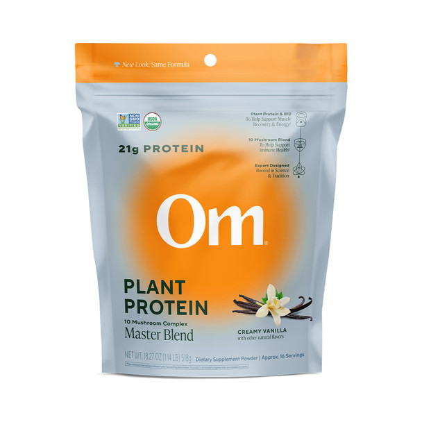OM MUSHROOM SUPERFOOD Master Blend Vegan Protein  Creamy Vanilla Plant Protein with 10 Mushrooms, Ashwagandha, BCAAs & B12  Energy, Recovery & Immune Support  1.2 lb (16 Servings)