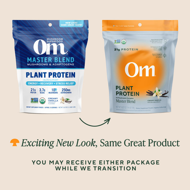 OM MUSHROOM SUPERFOOD Master Blend Vegan Protein  Creamy Vanilla Plant Protein with 10 Mushrooms, Ashwagandha, BCAAs & B12  Energy, Recovery & Immune Support  1.2 lb (16 Servings)