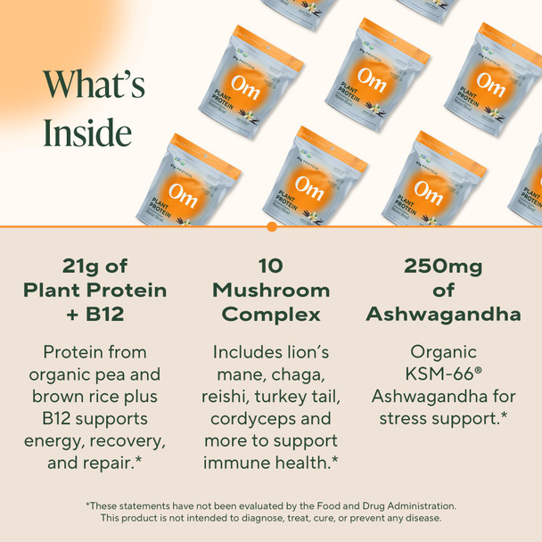 OM MUSHROOM SUPERFOOD Master Blend Vegan Protein  Creamy Vanilla Plant Protein with 10 Mushrooms, Ashwagandha, BCAAs & B12  Energy, Recovery & Immune Support  1.2 lb (16 Servings)