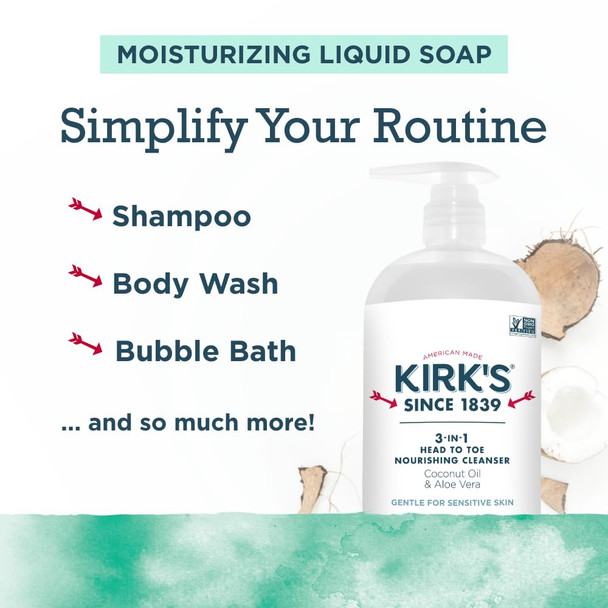 Kirk's 3-in-1 Head to Toe Nourishing Liquid Cleanser - for Men, Women, & Children - Premium Coconut Oil & Aloe Vera - Non GMO & Vegan - Mint and Eucalyptus - 32 Fl Oz.