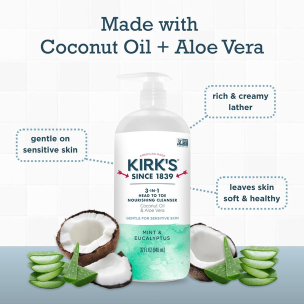 Kirk's 3-in-1 Head to Toe Nourishing Liquid Cleanser - for Men, Women, & Children - Premium Coconut Oil & Aloe Vera - Non GMO & Vegan - Mint and Eucalyptus - 32 Fl Oz.