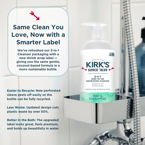 Kirk's 3-in-1 Head to Toe Nourishing Liquid Cleanser - for Men, Women, & Children - Premium Coconut Oil & Aloe Vera - Non GMO & Vegan - Mint and Eucalyptus - 32 Fl Oz.