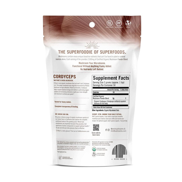 OM MUSHROOM SUPERFOOD Cordyceps Organic Mushroom Powder, 3.5 Ounce, 50 Servings, Energy, Power, Stamina and Endurance Support, Superfood Supplement for Sports Performance