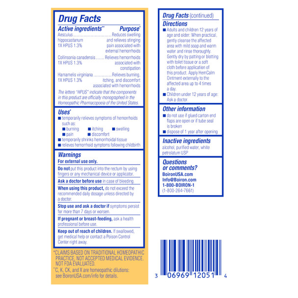 Boiron HemCalm Ointment for Hemorrhoid Relief of Pain, Itching, Swelling or Discomfort - 1 oz