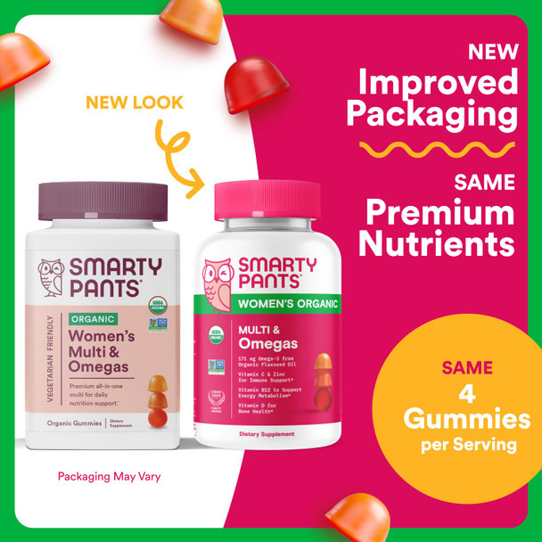 SmartyPants Organic Women's Multivitamin Gummies: Biotin, Methylfolate, Omega 3 (ALA), Vitamin D3, C, Vitamin B12, B6, A, K & Zinc, Inositol, Gluten Free, Vegetarian, 120 Count (30 Day Supply)