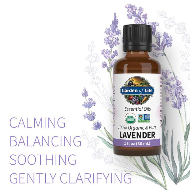 Garden of Life Essential Oil, Lavender 1 fl oz (30 mL), 100% USDA Organic & Pure, Clean, Undiluted & Non-GMO - for Diffuser, Aromatherapy, Meditation, Skincare, Sleep - Calming, Relaxing, Soothing
