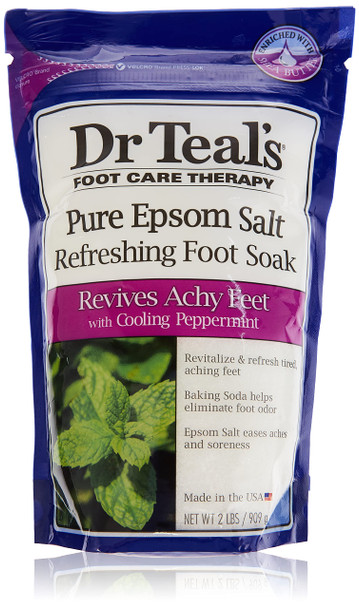Dr Teal's Pure Epsom Salt Cooling Foot Soak, Refresh & Revitalize with Peppermint & Baking Soda, 2 lbs