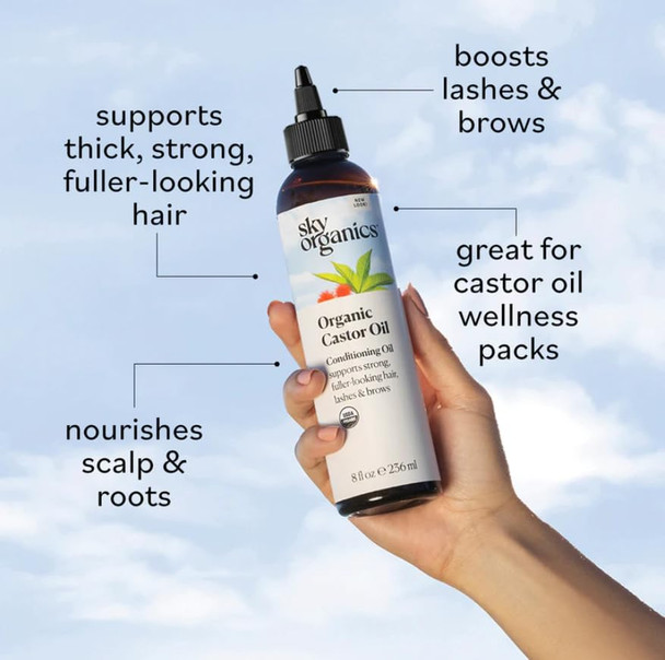 Sky Organics Castor Oil - USDA Certified Organic Hair Oil for Hair Growth, Skin, Face, Eyelashes - Cold Pressed & Hexane Free - Pure Organic Castor Oil Pack Wrap - Carrier & Hair Treatment Oil