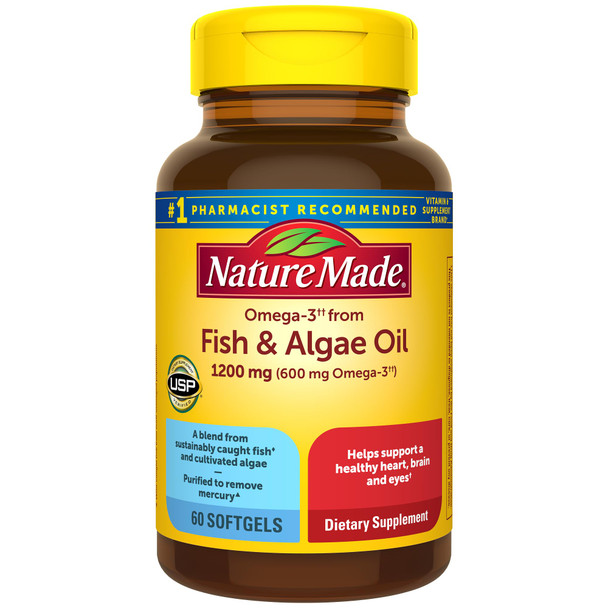 Nature Made Omega 3 Fish Oil and Algae Oil Supplements, 1200mg, Omega 3 Supplement for Heart, Brain and Eyes Support, One Per Day, 60 Softgels