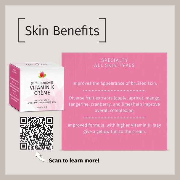 Reviva Labs Vitamin K Crème for Bruising, Under-Eye Dark Circles, and Wrinkles with Soybean Oil and Natural Fruit Extracts - 2 Oz, for Skin and Face