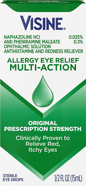 Visine-A Antihistamine + Red Eyes Multi-Action Allergy Relief Eye Drops with Pheniramine Maleate & Naphazoline HCl for Red, Itchy Allergy Eyes, 0.5 fl. oz, Pack of 2