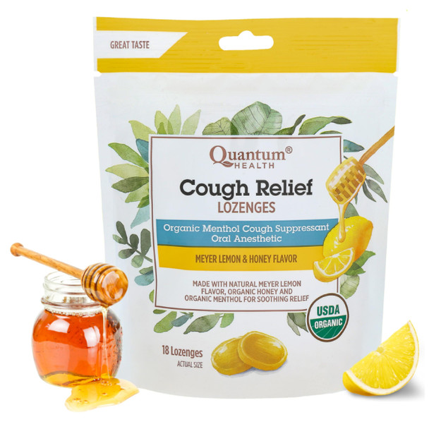 Quantum Health Organic Cough Relief Lozenges, Meyer Lemon & Honey, Natural Menthol Cough Suppressant, Bagged, 18 Ct, Light Yellow