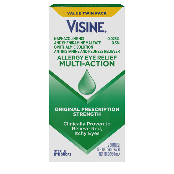 Visine Allergy Eye Relief Multi-Action Antihistamine & Redness Reliever Eye Drops with Pheniramine Maleate & Naphazoline HCl, Eye Drop Treatment for Red, Itchy, Allergy Eyes, 0.5 fl. oz, 2 Pack
