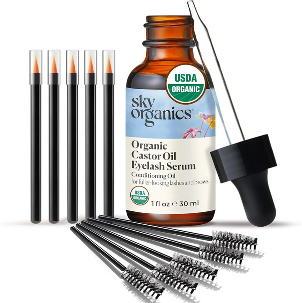 Sky Organics Organic Castor Oil Eyelash & Brow Serum, Hexane-Free Conditioning Oil that Promotes Fuller Looking Lashes & Eye Brows, 100% Pure & Cold-Pressed 1 fl. Oz. / 30 ml w ebook