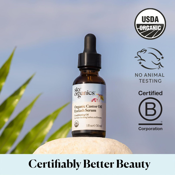 Sky Organics Organic Castor Oil Eyelash & Brow Serum, Hexane-Free Conditioning Oil that Promotes Fuller Looking Lashes & Eye Brows, 100% Pure & Cold-Pressed 1 fl. Oz. / 30 ml w ebook